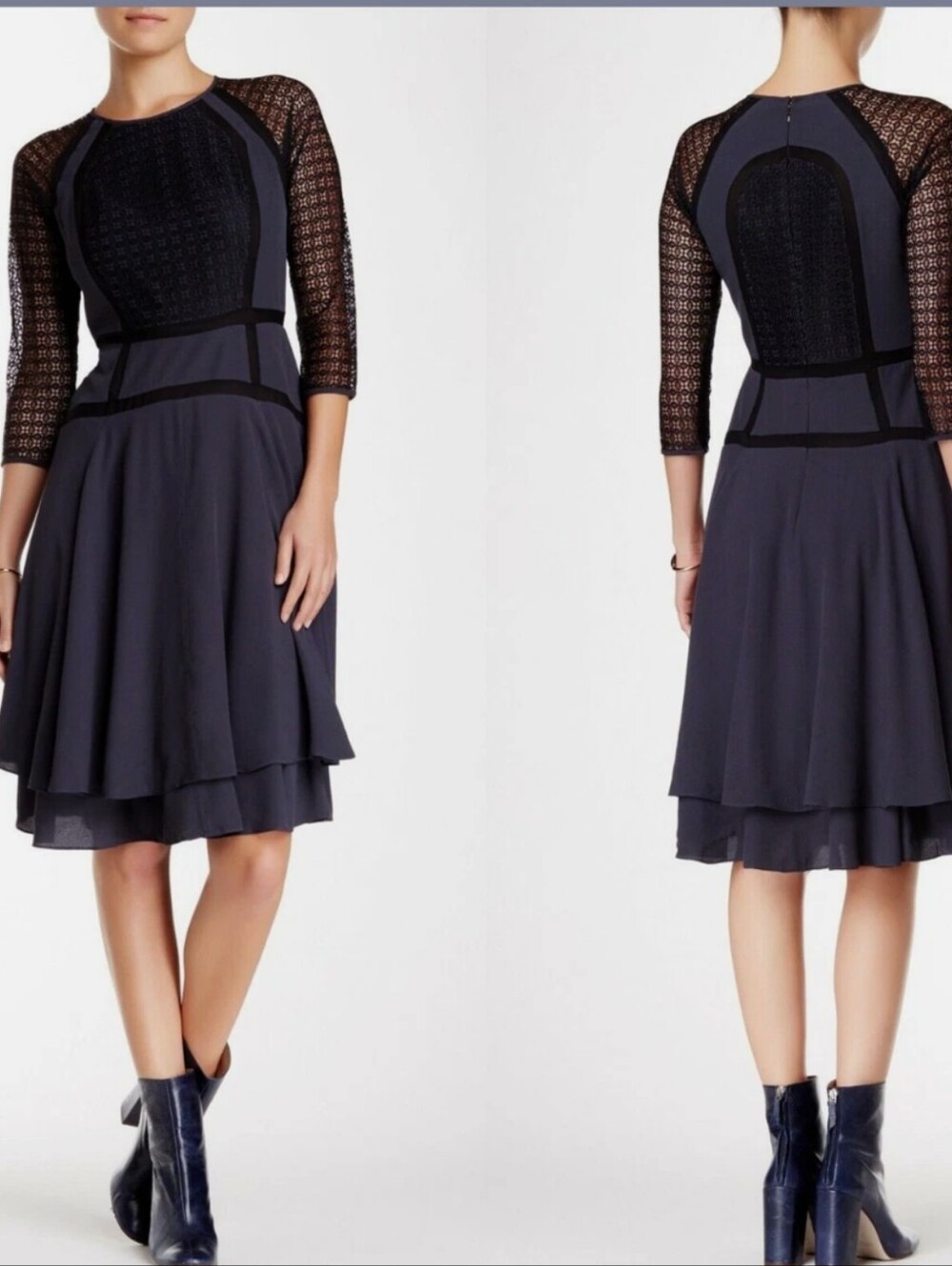 Rebecca Taylor Storm Grey Dress Lace Sleeves Flare Skirt Date Night Luxury